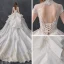 Luxury / Gorgeous Vintage / Retro Champagne See-through Wedding Dresses 2019 Ball Gown High Neck Cap Sleeves Backless Appliques Lace Handmade  Beading Cathedral Train Ruffle