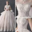 Luxury / Gorgeous Vintage / Retro Champagne See-through Wedding Dresses 2019 Ball Gown High Neck Cap Sleeves Backless Appliques Lace Handmade  Beading Cathedral Train Ruffle
