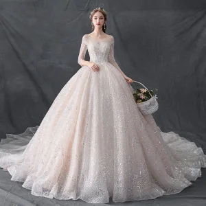 Luxury Gorgeous Champagne See Through Wedding Dresses 2019 Ball Gown Scoop Neck 3 4 Sleeve Backless Handmade Beading Glitter Tulle Cathedral Train Ruffle