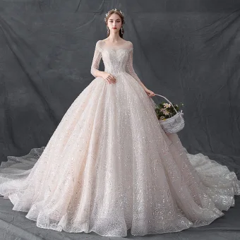 Luxury Gorgeous Champagne See Through Wedding Dresses 2019 Ball Gown Scoop Neck 3 4 Sleeve Backless Handmade Beading Glitter Tulle Cathedral Train Ruffle