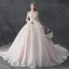 Luxury / Gorgeous Champagne See-through Wedding Dresses 2019 Ball Gown Scoop Neck 3/4 Sleeve Backless Handmade  Beading Glitter Tulle Cathedral Train Ruffle