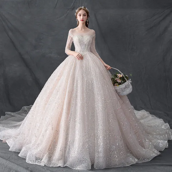 Luxury / Gorgeous Champagne See-through Wedding Dresses 2019 Ball Gown Scoop Neck 3/4 Sleeve Backless Handmade  Beading Glitter Tulle Cathedral Train Ruffle