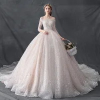 Luxe Champagne Doorzichtige Trouwjurken 2019 Baljurk Ronde Hals 3/4 Mouwen Ruglooze Handgemaakt Kralen Glans Tule Cathedral Train Ruche