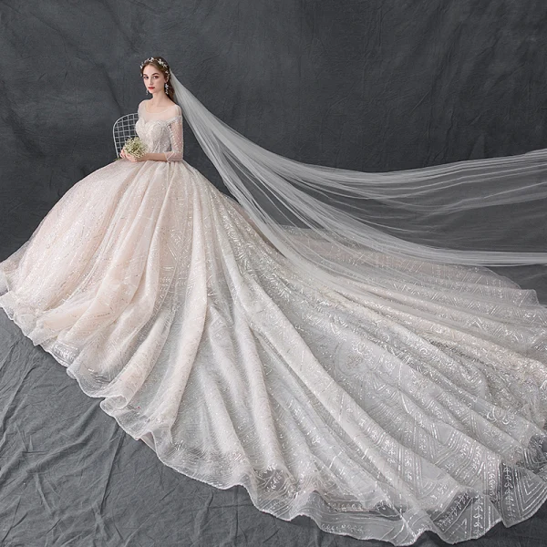 Luxury / Gorgeous Champagne See-through Wedding Dresses 2019 Ball Gown Scoop Neck 3/4 Sleeve Backless Handmade  Beading Glitter Tulle Cathedral Train Ruffle