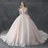 Luxury / Gorgeous Champagne See-through Wedding Dresses 2019 Ball Gown Scoop Neck 3/4 Sleeve Backless Handmade  Beading Glitter Tulle Cathedral Train Ruffle