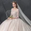 Luxury / Gorgeous Champagne See-through Wedding Dresses 2019 Ball Gown Scoop Neck 3/4 Sleeve Backless Handmade  Beading Glitter Tulle Cathedral Train Ruffle