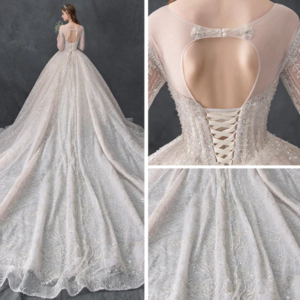 Luxury / Gorgeous Champagne See-through Wedding Dresses 2019 Ball Gown Scoop Neck 3/4 Sleeve Backless Handmade  Beading Glitter Tulle Cathedral Train Ruffle