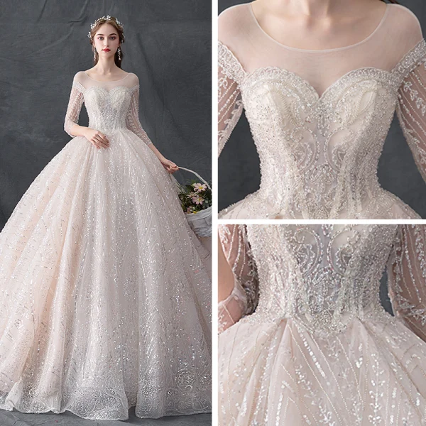 Luxury / Gorgeous Champagne See-through Wedding Dresses 2019 Ball Gown Scoop Neck 3/4 Sleeve Backless Handmade  Beading Glitter Tulle Cathedral Train Ruffle