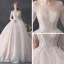 Luxury / Gorgeous Champagne See-through Wedding Dresses 2019 Ball Gown Scoop Neck 3/4 Sleeve Backless Handmade  Beading Glitter Tulle Cathedral Train Ruffle