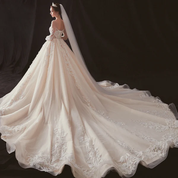 Illusion Champagne Transparentes Robe De Mariée 2019 Princesse Encolure Dégagée Dos Nu Manches Longues Percé Appliques En Dentelle Perlage Chapel Train Volants