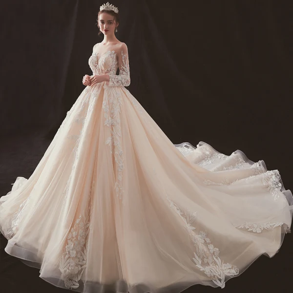 Illusion Champagne Transparentes Robe De Mariée 2019 Princesse Encolure Dégagée Dos Nu Manches Longues Percé Appliques En Dentelle Perlage Chapel Train Volants