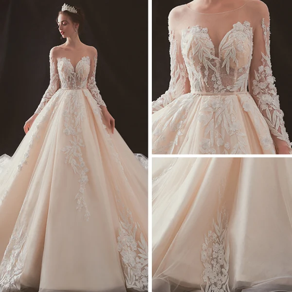 Illusion Champagne Transparentes Robe De Mariée 2019 Princesse Encolure Dégagée Dos Nu Manches Longues Percé Appliques En Dentelle Perlage Chapel Train Volants
