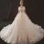 Luxury / Gorgeous Champagne Wedding Dresses 2019 A-Line / Princess Off-The-Shoulder Short Sleeve Backless Appliques Lace Beading Rhinestone Glitter Tulle Cathedral Train Ruffle