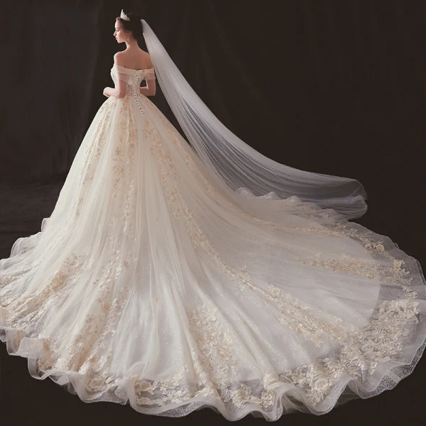 Luxury / Gorgeous Champagne Wedding Dresses 2019 A-Line / Princess Off-The-Shoulder Short Sleeve Backless Appliques Lace Beading Rhinestone Glitter Tulle Cathedral Train Ruffle