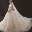 Luxury / Gorgeous Champagne Wedding Dresses 2019 A-Line / Princess Off-The-Shoulder Short Sleeve Backless Appliques Lace Beading Rhinestone Glitter Tulle Cathedral Train Ruffle