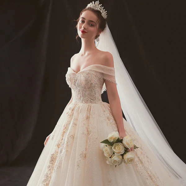 Luxury / Gorgeous Champagne Wedding Dresses 2019 A-Line / Princess Off-The-Shoulder Short Sleeve Backless Appliques Lace Beading Rhinestone Glitter Tulle Cathedral Train Ruffle