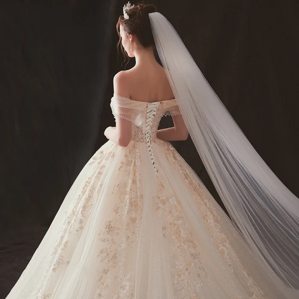 Luxury / Gorgeous Champagne Wedding Dresses 2019 A-Line / Princess Off-The-Shoulder Short Sleeve Backless Appliques Lace Beading Rhinestone Glitter Tulle Cathedral Train Ruffle
