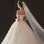 Luxury / Gorgeous Champagne Wedding Dresses 2019 A-Line / Princess Off-The-Shoulder Short Sleeve Backless Appliques Lace Beading Rhinestone Glitter Tulle Cathedral Train Ruffle