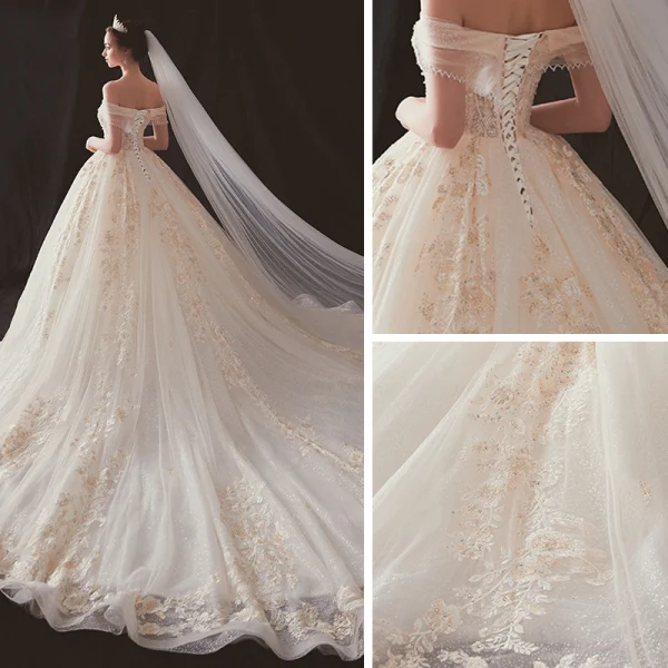 Luxury / Gorgeous Champagne Wedding Dresses 2019 A-Line / Princess Off-The-Shoulder Short Sleeve Backless Appliques Lace Beading Rhinestone Glitter Tulle Cathedral Train Ruffle