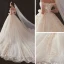 Luxury / Gorgeous Champagne Wedding Dresses 2019 A-Line / Princess Off-The-Shoulder Short Sleeve Backless Appliques Lace Beading Rhinestone Glitter Tulle Cathedral Train Ruffle