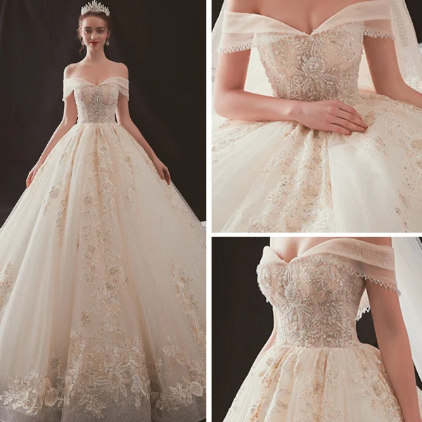 Luxury / Gorgeous Champagne Wedding Dresses 2019 A-Line / Princess Off-The-Shoulder Short Sleeve Backless Appliques Lace Beading Rhinestone Glitter Tulle Cathedral Train Ruffle