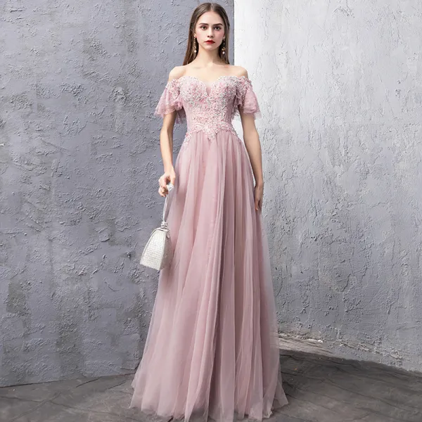 Elegante Rosa Abendkleider 2019 A Linie Off Shoulder Kurze Ärmel Perlenstickerei Strass Lange Rüschen Rückenfreies Festliche Kleider