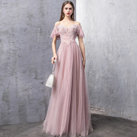 Eleganckie Rumieniąc Różowy Sukienki Wieczorowe 2019 Princessa Przy Ramieniu Kótkie Rękawy Frezowanie Rhinestone Długie Wzburzyć Bez Pleców Sukienki Wizytowe