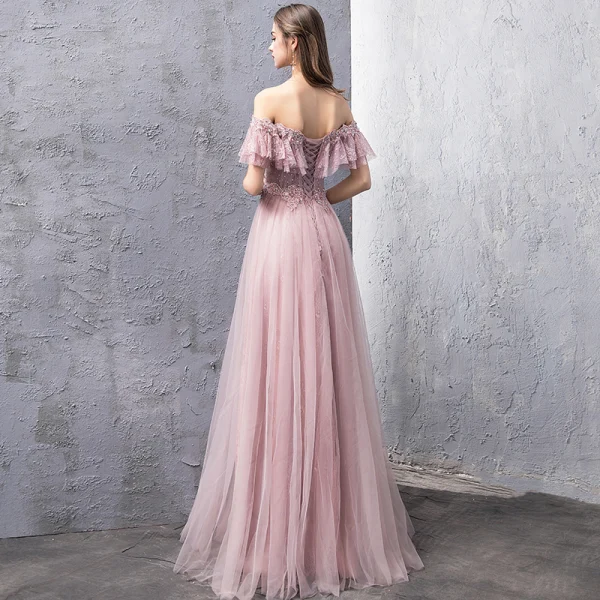 Elegant Blushing Pink Evening Dresses  2019 A-Line / Princess Off-The-Shoulder Short Sleeve Beading Rhinestone Floor-Length / Long Ruffle Backless Formal Dresses