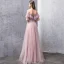Elegant Blushing Pink Evening Dresses  2019 A-Line / Princess Off-The-Shoulder Short Sleeve Beading Rhinestone Floor-Length / Long Ruffle Backless Formal Dresses