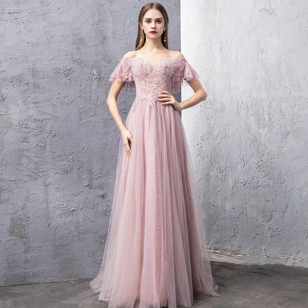 Elegant Blushing Pink Evening Dresses  2019 A-Line / Princess Off-The-Shoulder Short Sleeve Beading Rhinestone Floor-Length / Long Ruffle Backless Formal Dresses