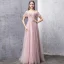 Elegant Blushing Pink Evening Dresses  2019 A-Line / Princess Off-The-Shoulder Short Sleeve Beading Rhinestone Floor-Length / Long Ruffle Backless Formal Dresses