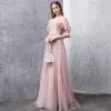 Elegant Blushing Pink Evening Dresses  2019 A-Line / Princess Off-The-Shoulder Short Sleeve Beading Rhinestone Floor-Length / Long Ruffle Backless Formal Dresses