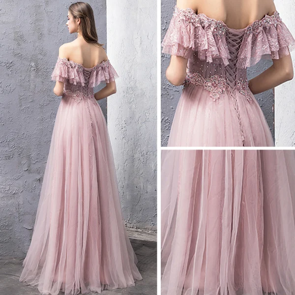 Elegant Blushing Pink Evening Dresses  2019 A-Line / Princess Off-The-Shoulder Short Sleeve Beading Rhinestone Floor-Length / Long Ruffle Backless Formal Dresses