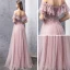Elegant Blushing Pink Evening Dresses  2019 A-Line / Princess Off-The-Shoulder Short Sleeve Beading Rhinestone Floor-Length / Long Ruffle Backless Formal Dresses