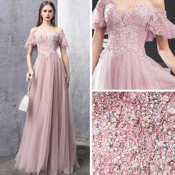 Elegant Blushing Pink Evening Dresses  2019 A-Line / Princess Off-The-Shoulder Short Sleeve Beading Rhinestone Floor-Length / Long Ruffle Backless Formal Dresses
