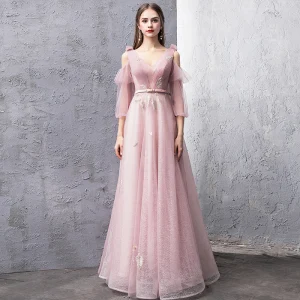 Moderne Mode Rougissant Rose Robe De Soirée 2019 Princesse V Cou Gonflée 3 4 Manches Ceinture Glitter Tulle Longue Volants Dos Nu Robe De Ceremonie