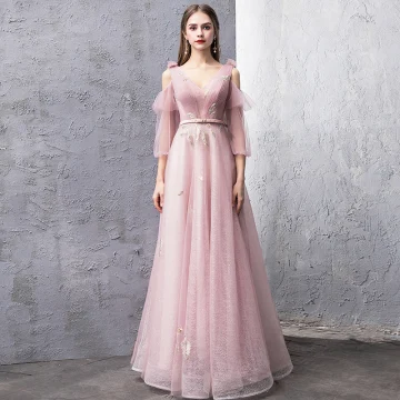 Modern Fashion Blushing Pink Evening Dresses 2019 A Line Princess V Neck Puffy 3 4 Sleeve Sash Glitter Tulle Floor Length Long Ruffle Backless Formal Dresses