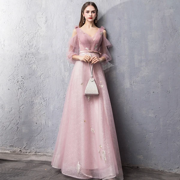 Modern / Fashion Blushing Pink Evening Dresses 2019 A-Line / Princess V-Neck Puffy 3/4 Sleeve Sash Glitter Tulle Floor-Length / Long Ruffle Backless Formal Dresses