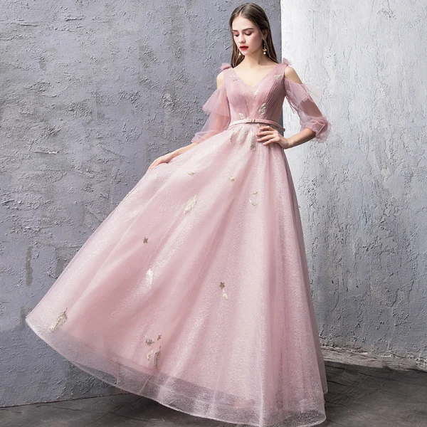 Modern / Fashion Blushing Pink Evening Dresses 2019 A-Line / Princess V-Neck Puffy 3/4 Sleeve Sash Glitter Tulle Floor-Length / Long Ruffle Backless Formal Dresses