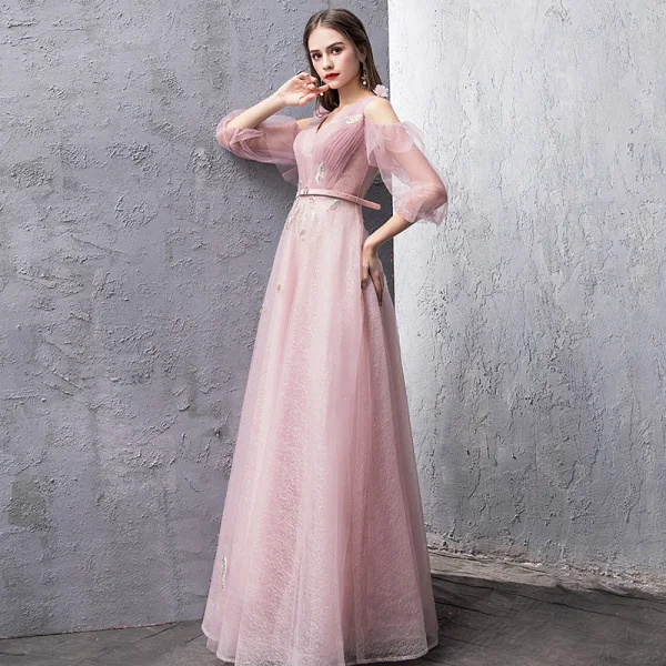 Modern / Fashion Blushing Pink Evening Dresses 2019 A-Line / Princess V-Neck Puffy 3/4 Sleeve Sash Glitter Tulle Floor-Length / Long Ruffle Backless Formal Dresses