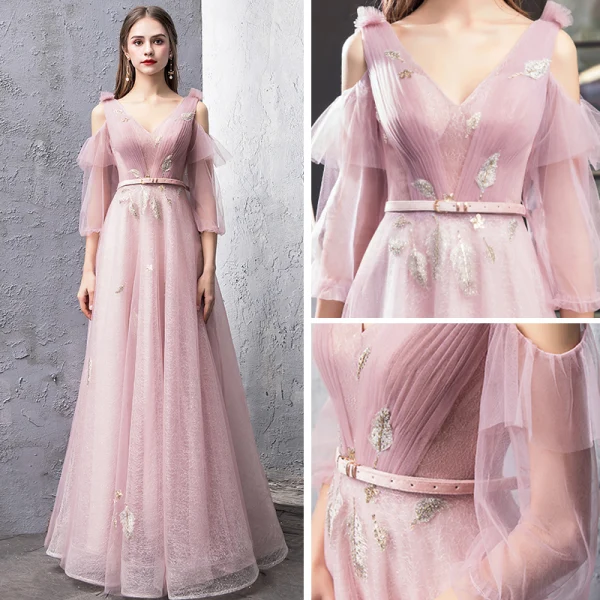 Modern / Fashion Blushing Pink Evening Dresses 2019 A-Line / Princess V-Neck Puffy 3/4 Sleeve Sash Glitter Tulle Floor-Length / Long Ruffle Backless Formal Dresses