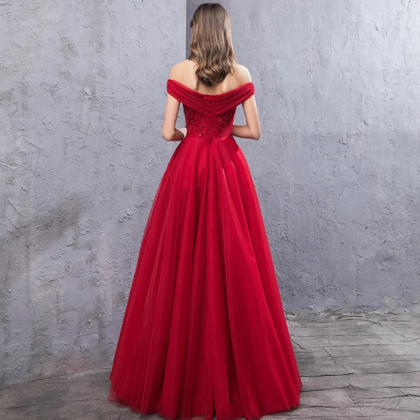 Chic / Belle Rouge Robe De Soirée 2019 Princesse De l'épaule Manches Courtes Appliques En Dentelle Perlage Paillettes Longue Volants Dos Nu Robe De Ceremonie