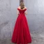 Chic / Belle Rouge Robe De Soirée 2019 Princesse De l'épaule Manches Courtes Appliques En Dentelle Perlage Paillettes Longue Volants Dos Nu Robe De Ceremonie
