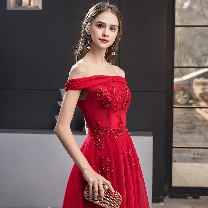 Chic Beautiful Red Evening Dresses 2019 A Line Princess Off The Shoulder  Short Sleeve Appliques Lace Beading Sequins Floor Length Long Ruffle  Backless Formal Dresses