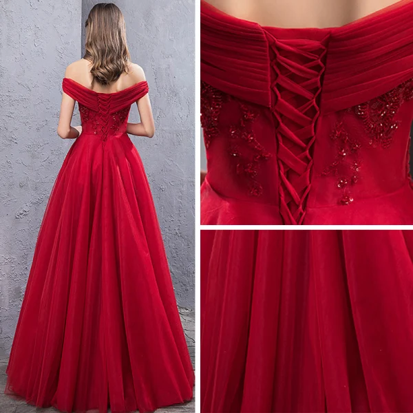 Chic / Belle Rouge Robe De Soirée 2019 Princesse De l'épaule Manches Courtes Appliques En Dentelle Perlage Paillettes Longue Volants Dos Nu Robe De Ceremonie
