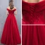 Chic / Belle Rouge Robe De Soirée 2019 Princesse De l'épaule Manches Courtes Appliques En Dentelle Perlage Paillettes Longue Volants Dos Nu Robe De Ceremonie