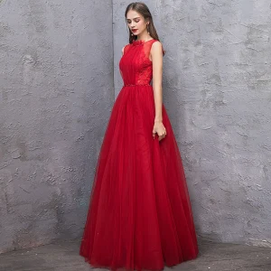 Chic Belle Rouge Robe De Soirée 2019 Princesse Encolure Dégagée Sans Manches Dos Nu Perlage Ceinture Longue Volants Robe De Ceremonie