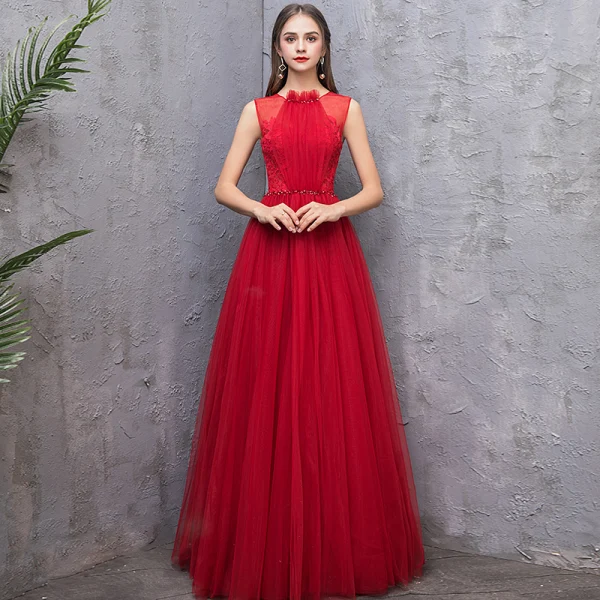 Chic / Beautiful Red Evening Dresses  2019 A-Line / Princess Scoop Neck Sleeveless Backless Beading Sash Floor-Length / Long Ruffle Formal Dresses