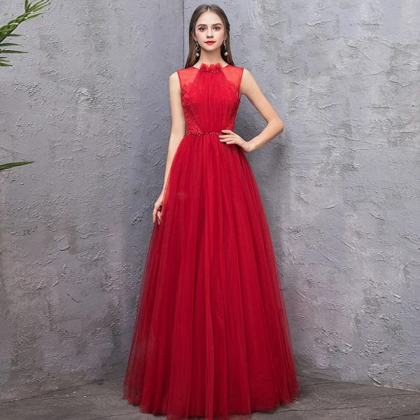 Chic / Beautiful Red Evening Dresses  2019 A-Line / Princess Scoop Neck Sleeveless Backless Beading Sash Floor-Length / Long Ruffle Formal Dresses
