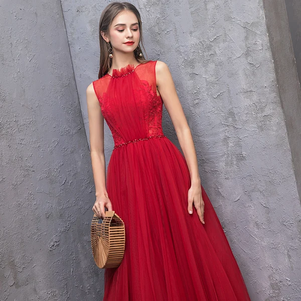 Chic / Beautiful Red Evening Dresses  2019 A-Line / Princess Scoop Neck Sleeveless Backless Beading Sash Floor-Length / Long Ruffle Formal Dresses